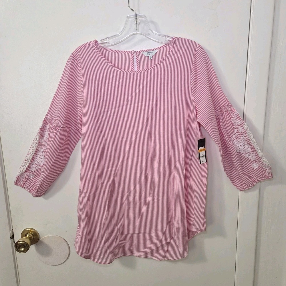 Crown & Ivy Pink White Striped Blouse Womens S Cotton Lace Sleeve 3/4 Sleeve Top